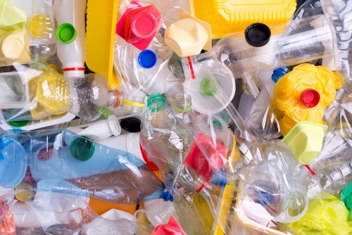 Business professionals managing waste disposal with a skip